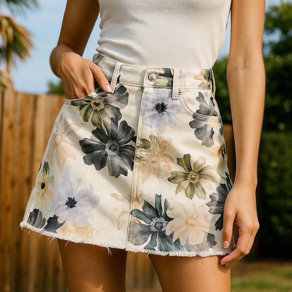 7 For All Mankind Floral Mini Skirt - Cream and Black